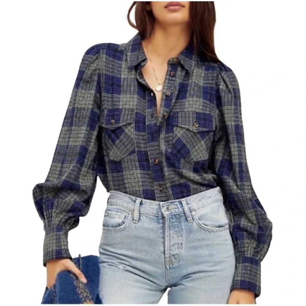FREE PEOPLE Sun City Plaid Top Blue Green Size Medium